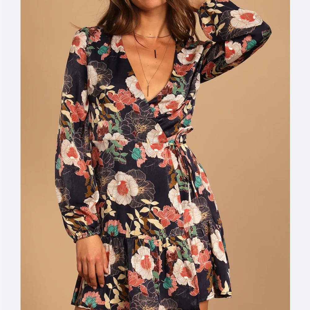 Navy Blue Floral Satin Long Sleeve True Wrap Dress - NWT - very feminine